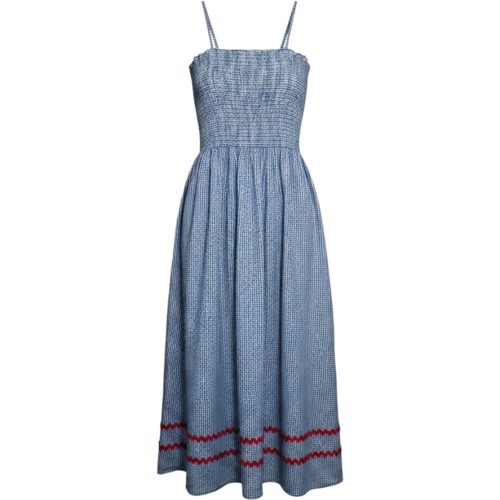 Sail To Sable Gingham Midi Dress Women Large Blue White Smocked Ric Rac Trim